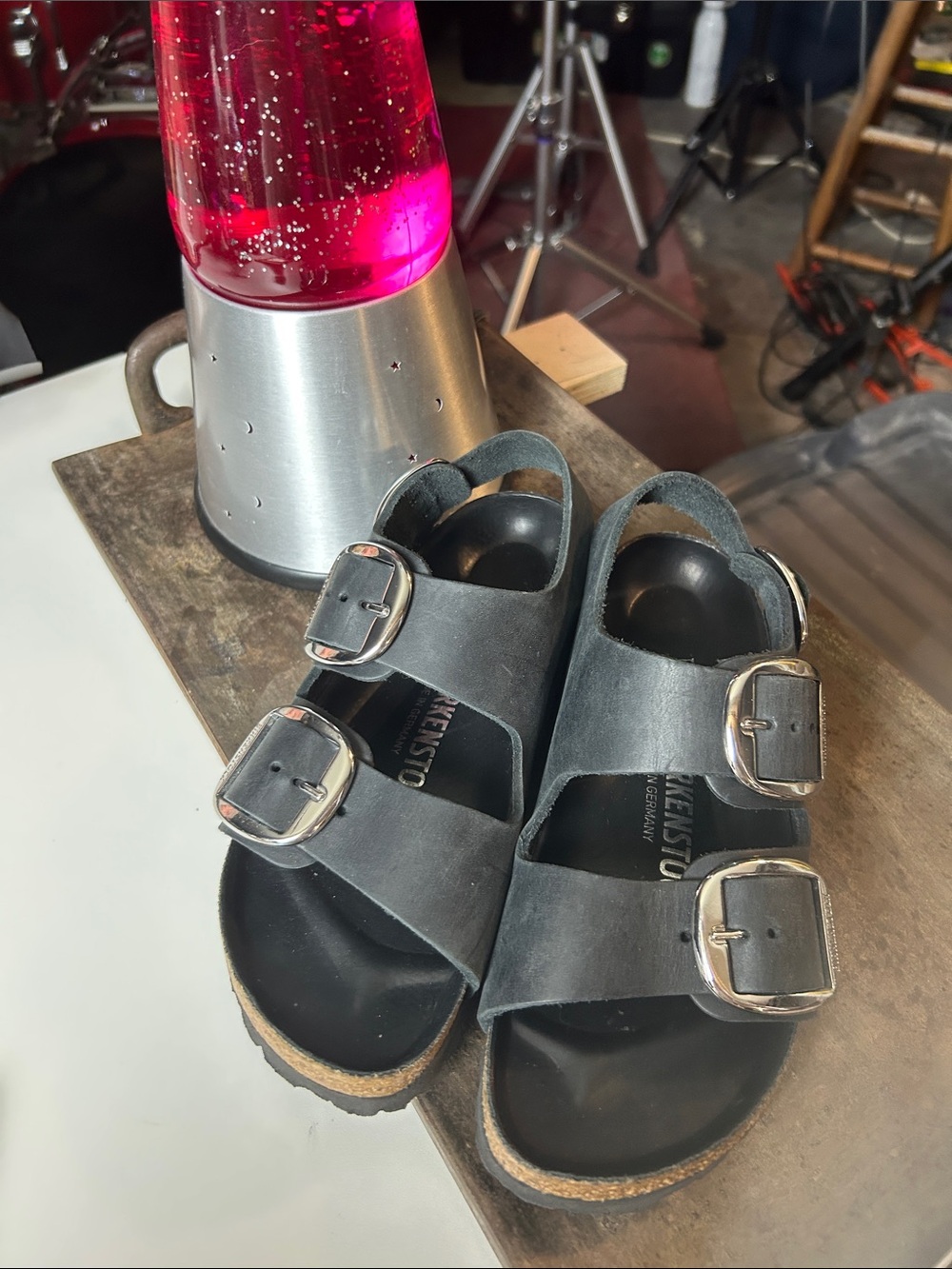 Big Buckle Birkenstock Milanos in Black/Dark Gray Leather 35 or 5
